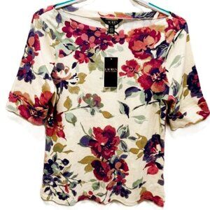 LAUREN BY RALPH LAUREN WOMEN'S FLORAL TOP-CREAM/PASTEL PURPLE-SZ LG-NWT